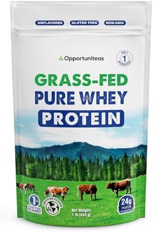 Grass Fed Whey Protein Powder Concentrate - 1 Ingredient - Pure Protein Supplement for Drink, Smoothie, Shake, Cooking & Baking - Non GMO, Hormone Free & Gluten Free - 1 Pound