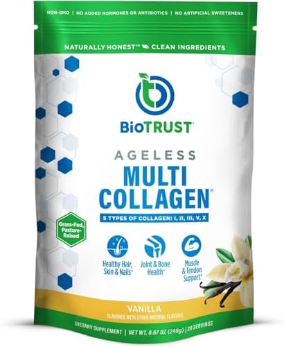 BioTrust Multi Collagen Peptides Unflavored Powder - Hydrolyzed, Grass Fed | 5 collagen types (I, II, III, V & X) from grass fed beef, fish, chicken & eggshell membrane with protein support