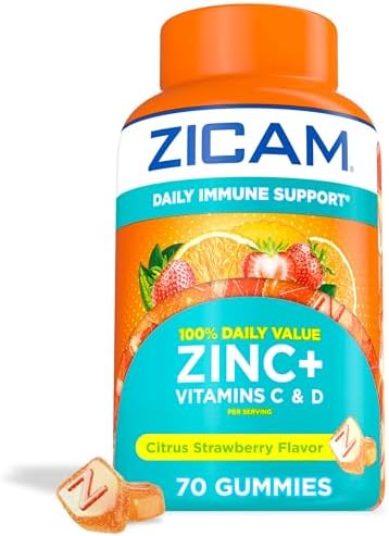 Zicam Daily Immune Support Gummy Supplement, Citrus Strawberry, 70 Count | Antioxidant Support, Easy-to-Take Gummies, Zinc, Vitamin C, Vitamin D