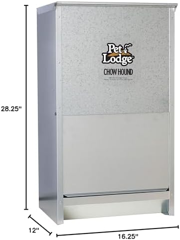Pet Lodge® Automatic Dog Feeder | Chow Hound Outdoor Pet Feeder | Tough Galvanized Steel | Made in USA (25 lb) | Easy Access Magnetized Door and Angled Chute for Dogs, Silver, 1 Pack