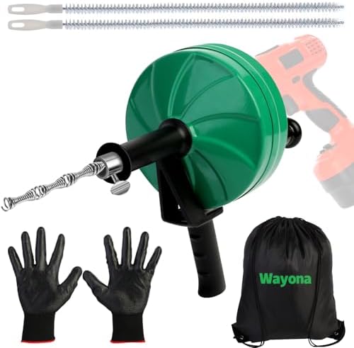 Wayona Drain Snake 50 FT, Plumbing Snake for Sink Snake Drain Clog Remover, Drain Snake with Drill Attachment with Bag Gloves Cleaning Brush