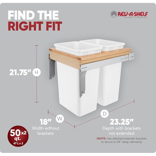 Rev-A-Shelf Top Mount Double Pullout Under Cabinet 35 Quart Kitchen Trash Cans with 150 Pound Rated Full-Extension Slides, 4WCTM-21DM2