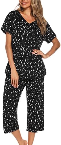 ENJOYNIGHT Womens Pajama Set Cotton Summer Pj Top with Capri Pant Sleepwear