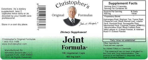 Christopher's Original Formulas Joint Formula – 100 Vegetarian Capsules – Synergistic Herbal Blend for Joint Support – Made in The USA