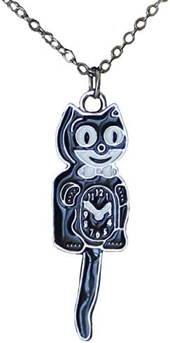 Kit-Cat Klock Kit-Cat Necklace Pendant with Swinging Tail - Classic Black & Silver Sterling Silver Chain Necklace - Unique Pendant Necklace in