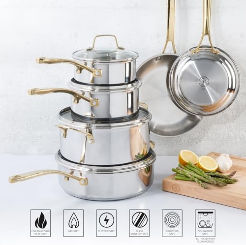Martha Stewart Castelle 10 Piece 18/8 Durable Stainless Steel Induction Safe Pots and Pans Non-Toxic Kitchen Cookware Set - Gold Handles - Dishwasher Safe