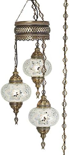 DEMMEX Plug-in Turkish Hanging Lamp, Handmade Moroccan Mosaic Chandelier Pendant Light Fixture with 15-ft Cord & Chain, Decorative Ceiling Lamp for Living Room, Bedroom, 3 Large 7'' Globes, 3.5 ft.