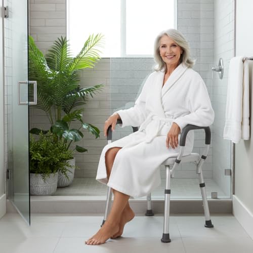 NOVA Bath & Shower Seat with Padded/Removable Arms - for Seniors, Handicap & Medical Use, Adjustable Height, Aluminum Frame, Non-Skid Safety