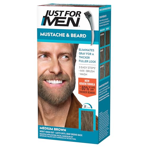 JUST FOR MEN Mustache & Beard Dye, Keratin, Light-Medium Brown M-30 (3 Pk) | Mustache & Beard color light-medium brown designed for facial hair to instantly eliminate gray. Enhanced with keratin.