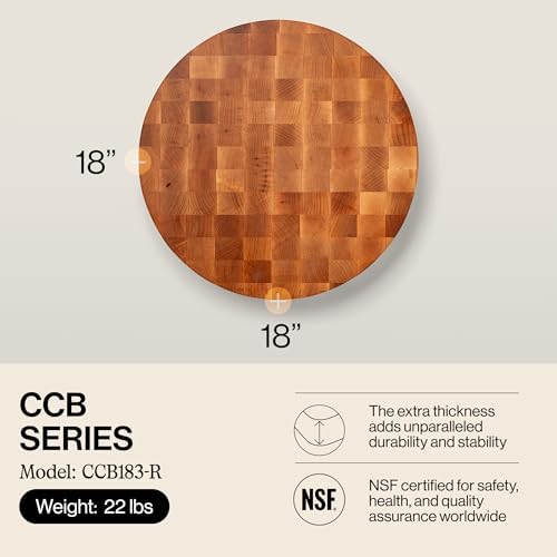 John Boos CCB Series Round Wooden Maple Cutting Board 18”x18” – 3” Thick, 22-lb Non-Reversible Butcher Block with End-Grain – Made in the USA