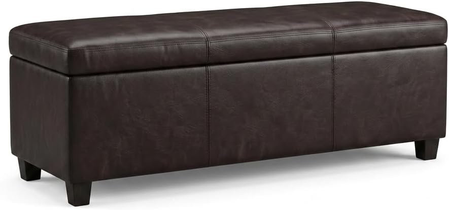 SIMPLIHOME Avalon 54" Wide Vegan Leather Storage Ottoman in Tanners Brown