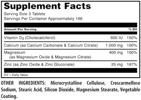 Amazing Formulas Calcium Magnesium Zinc D3-300 Tablets Per Bottle Supplement (Calcium 1000mg - Magnesium 400mg - Zinc 25mg Plus Vitamin D3 600 IU - Per Serving of 3 Tablets)