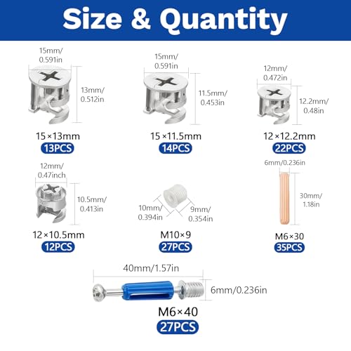 150PCS Furniture Cam Locks Kit - Heavy Duty 3-in-1 Eccentric Hardware Fasteners with Screws & Dowels for IKEA Cabinet Drawer Dresser Assembly Repair