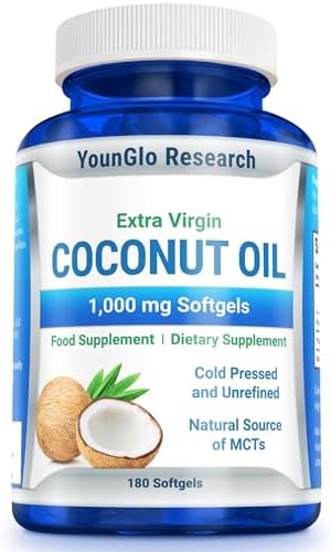 Coconut Oil 1000 mg 100% Cold-Pressed Organic Extra Virgin Coconut Oil 180 Vegan Softgel Capsules Keto-Friendly Dietary Supplement Support for Hair, Nails & Skin Health