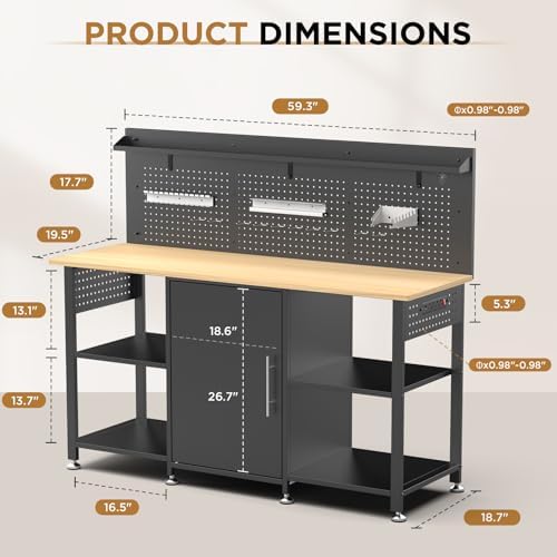 60 Inch Heavy Duty Workbench with Storage Cabinet, Wooden Top, 2000 lbs Capacity, Garage Work Table with Pegboard, Power Outlet, Leveling Feet, Black