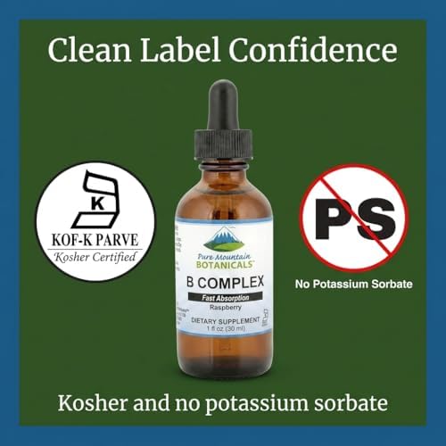 Pure Mountain Botanicals Liquid Vitamin B Complex - B12 B6 Drops - Raspberry Flavor - Kosher Non-GMO - 30 Servings