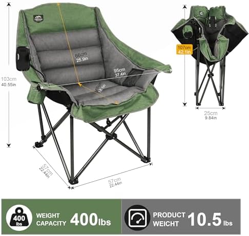 Oversized XL Folding Camping Chair,Heavy Duty Support 400Lbs,Large Comfy Padded Camp Chair for Adults,Lawn Arm Chair w/Cup Holder,Phone Holder,Carry Bag Perfect for Outdoor (Brown