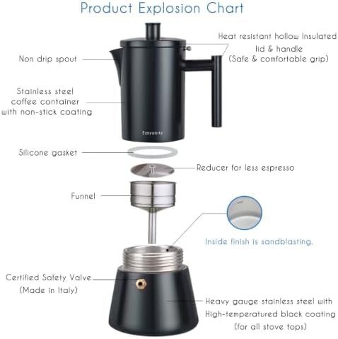 Easyworkz Diego Stovetop Espresso Maker Stainless Steel Italian Coffee Machine Maker 6Cup 10 oz Moka Pot Induction Espresso Pot