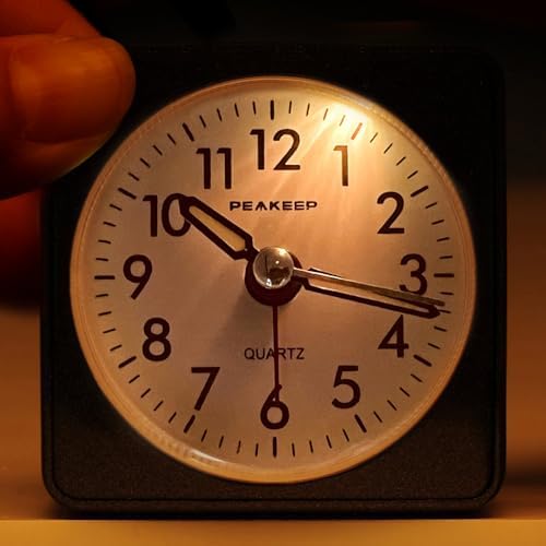 Peakeep Ultra Small, Battery Travel Alarm Clock with Snooze and Light | Silent No Ticking Analog Quartz Clock (Aquamarine)