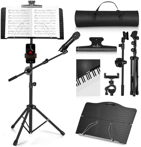 Music Stand, Vangoa Folding Sheet Music Stand with Detachable Microphone Stand & Phone Holder, Portable Lightweight with Music Sheet Clip Holder & Carrying Bag for Instrumental Performance