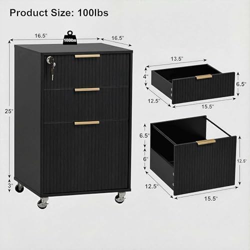 3 Drawers Fluted Mobile File Cabinet with Lock, Rolling File Cabinet Printer Stand Table, Under Desk Wooden Filing Cabinets for Home Office Essentials Storage Organization Furniture Letters/A4(Oak)