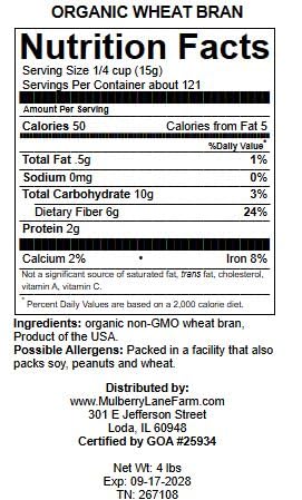Wheat Bran, 4 Pounds USDA Certified Organic, Non-GMO Bulk, Product of USA, Mulberry Lane Farms