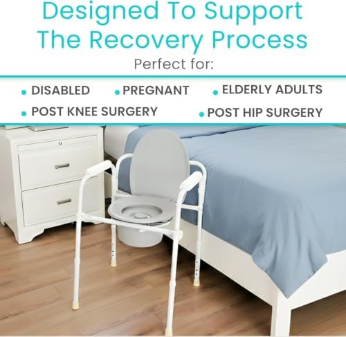 Vive Bedside Commode Toilet Chair (Folding) - 350 lb Capacity, Safety Rail, Shower Chair - 3 in 1 Heavy Duty Bariatric Bucket with Padded Arms