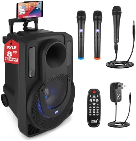 Pyle 8’’ Portable PA Speaker System - 280 Watts PA & Karaoke Speaker with Two Wireless & 1 Wired Microphone, Wireless Bluetooth Streaming