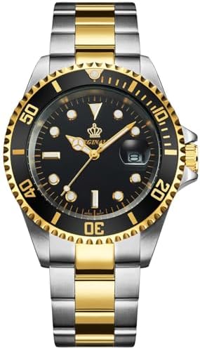 FANMIS Men's Two-Tone Stainless Steel Quartz Watch, Rotating Bezel and Date | Green Dial, Luminous Hands and Markers, Magnified Date Window, Fold-Over Safety Clasp, 30M Water Resistant for Everyday Wear.