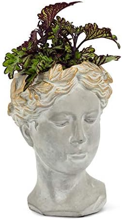 Abbott Collection Large Woman Head Planter | Hand-Finished Greco-Roman Style, Indoor & Outdoor, For Flowers & Succulents, Cement, Gray, 10"H