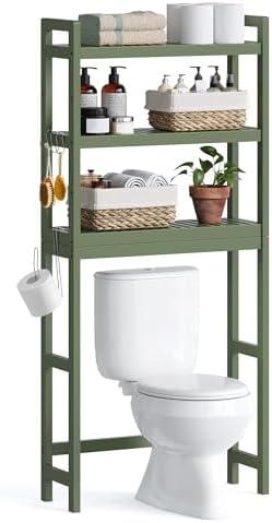 SONGMICS Over The Toilet Storage, 3-Tier Over Toilet Bathroom Organizer with Adjustable Shelf, 10.2 x 24.8 x 66.9 Inches, Space-Saving, Cloud White UBTS01WT