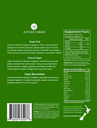 Antler Farms New Zealand Collagen Powder - Grass Fed, Unflavored, 1 lb | 100% Pure Hydrolyzed Collagen Peptides Powder, Cold Water Soluble Peptide