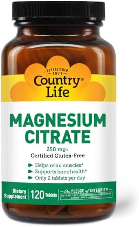 Country Life Magnesium Citrate 250mg - 120 Tablets - Supports Muscle & Nerve Function, Heart Rhythm, Healthy Immune System