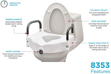 NOVA Toilet Seat Riser with Arms – Adds 5” Height, Raised Toilet Seat with ON/Off Front Lock, Adjustable & Removable Padded Arms (17.75”–20”), 300 lb Capacity, Safety Aid for Seniors