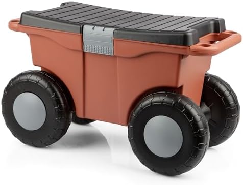 Rolling Garden Cart with Seat - Plastic Storage with Bench and Interior Tool Tray - Gardening Stool for Weeding and Planting By Pure Garden (Green) | Plastic Storage with Bench and Interior Tool Tray - Gardening Stool for Weeding and Planting