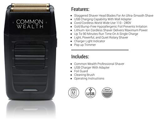 Common Wealth Professional Shaver Cordless Hypoallergenic Bump Free Gold Pro Foil Barber Finishing Shaper Trimmer Tool CWPS26 For Beard Neckline &