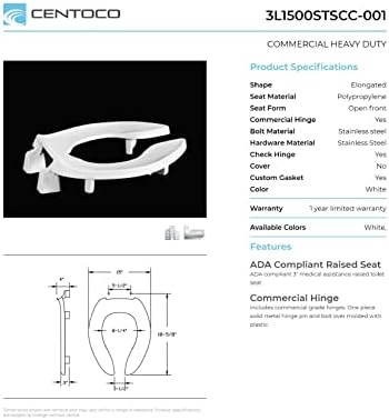 Centoco 3 inch Raised Toilet Seat for Seniors, Elongated, Open Front, White | Plastic, No Cover, 3L1500STSCC-001, Made in the USA