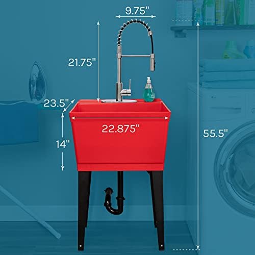Utility Sink Extra-Deep Laundry Tub in White with High-Arc Stainless Steel Coil Pull-Down Sprayer Faucet, Integrated Supply Lines, P-Trap Kit