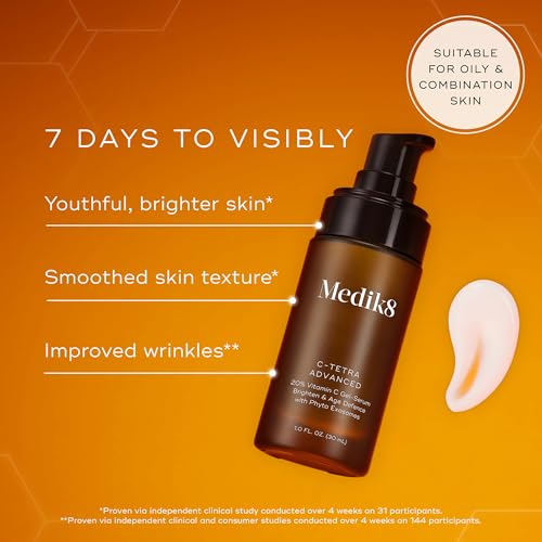 Medik8 C-Tetra - Balancing Vitamin C Serum For Face - Smooths Fine Lines and Wrinkles - Face Serum with Squalane - Vegan and Gluten Free - 1.0 oz | 7% Vitamin C, squalane for hydration, vitamin E antioxidant, lightweight