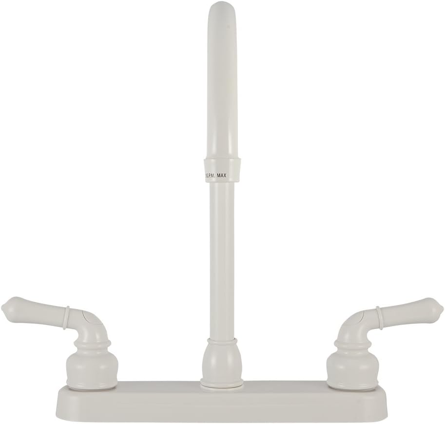 Dura Faucet DF-PK330HC-SN RV J-Spout Kitchen Sink Faucet (Satin Nickel) | Tall spout clears big pots; dual levers fine-tune water flow. Brushed Satin Nickel.