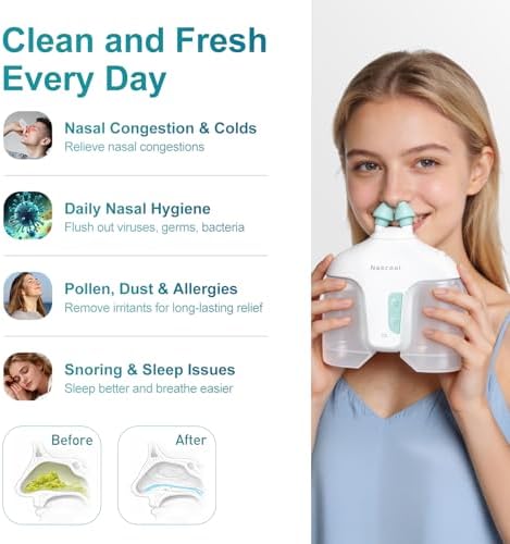Nascool Electric Nasal Irrigation System with 50 Salt Packets Nose Cleaner | 2 Modes Sinus Rinse Machine with Self-Cleaning Cap, Rotatable Nozzle Base