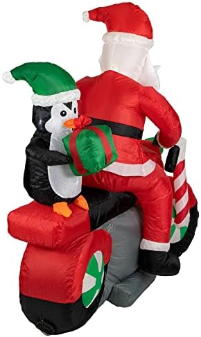 LED Lighted Santa and Penguin on Motorcycle Outdoor Christmas Inflatable - 5'