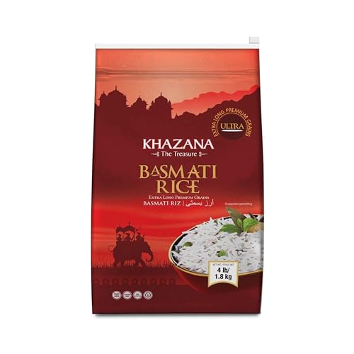 Authentic Extra Long Basmati Rice by Khazana in 10 lb Bag - Aromatic and Flavorful Indian Grain - Non-GMO, Gluten Free, Kosher, Cholesterol Free