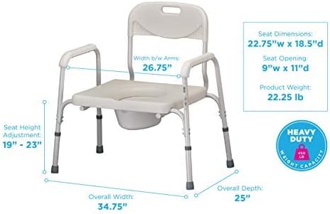 NOVA Heavy Duty Bedside Commode, Extra Wide Seat, 450 lb. Weight Capacity, Seat Height Adjustable, Stand Alone or Over Toilet Commode, White