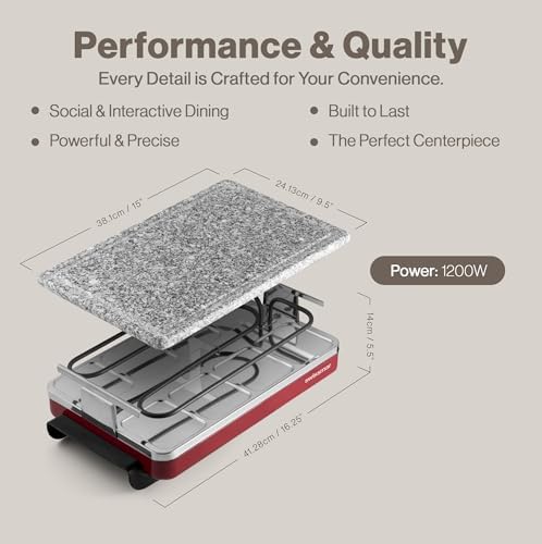 Swissmar Classic 8-Person Raclette Party Grill - Indoor Electric Grill & Griller with Granite Stone Grill Plate - Red
