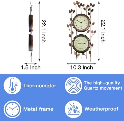 BESTIME 66059 Two-in-one Leaf Design Metal Clock.Wall Art Clock, Thermometer, Interior and Outdoor Decoration, Whether Industrial, Country, Rustic