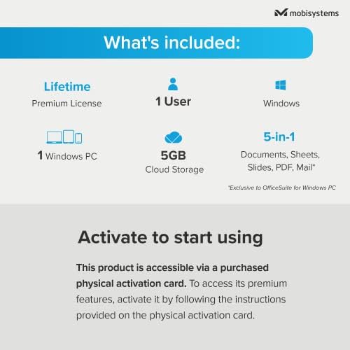 OfficeSuite Home & Business - Lifetime License - Documents, Sheets, Slides, PDF, Mail & Calendar for Windows | 1 PC | Physical Activation Card