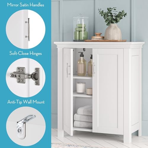 RiverRidge Somerset 2-Door Bathroom Storage Cabinet, White | Laundry Room Linen Cabinet, Bath Medicine Floor Cabinet, Adjustable Interior Shelf