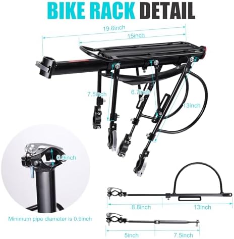 HOMEE Rear Bike Rack, Bike Cargo Racks Frame for 26"-29" Frames | Aluminum Alloy Universal Adjustable Cycling Equipment Stand Footstock Bicycle Luggage Carrier with Tools and Reflector