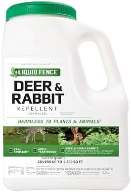Liquid Fence Deer And Rabbit Repellent Granular 5 Pounds, Harmless To Plants And Animals | Use on Low-Growing Flower Beds, Gardens, Ground Cover & Lawns; Covers up to 2,500 Sq. Ft., Harmless To Plants & Animals